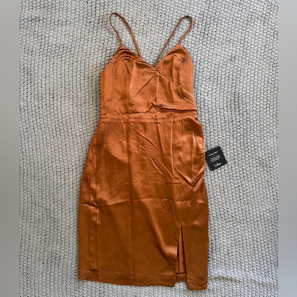 NWT Lulu's Bronze Faux Wrap Dress with Slit and Spaghetti Straps